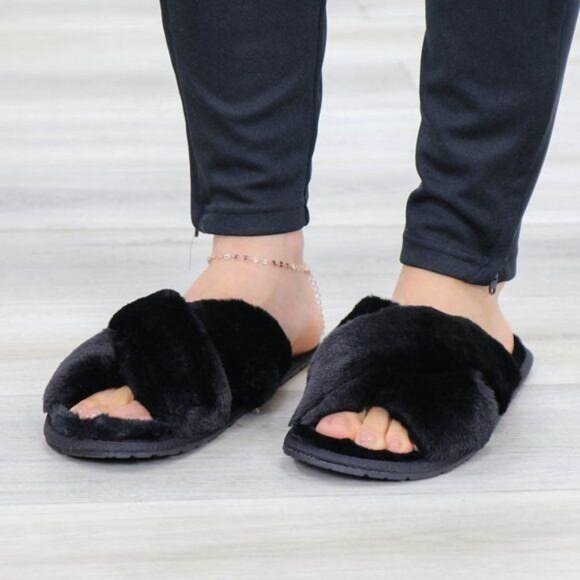 Cross Strap Black Puff Fuzzy Furry Fluffy Slip On Plush Slippers - Picture 11 of 12